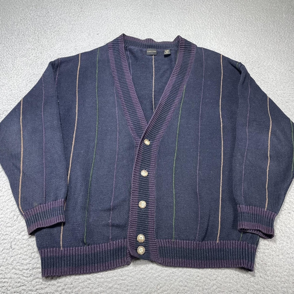 Vintage Structure Sweater Mens XL Blue Stripe Knit Button Front Cardigan 90s